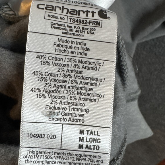 Carhartt Men FR TS4982-FRM Flame Resistant Hoodie CAT3 2112 Gray Medium TALL NEW - Picture 16 of 16